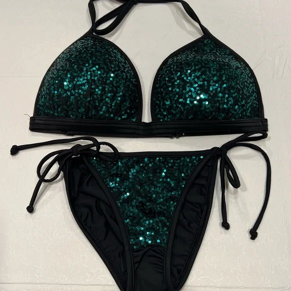 SOLD/Victoria’s Secret Black & Green Sequin Bikini - Picture 1 of 2